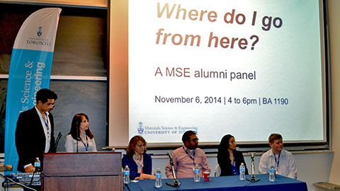 MSE alumni panellists seated from left to right: Diana Mollicone, Ibraheem Khan, Jacqueline Lim and Kirk Holz with student panel moderators Ayman Elzoka and Sherry Esfahani (Photo: Luke Ng).
