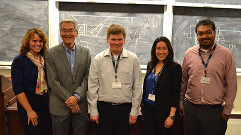 Alumni panellists from left to right: Diana Mollicone, Kirk Holz, Jacqueline Lim and Ibraheem Khan with MSE department chair and professor Jun Nogami (centre, left). Photo: Luke Ng.