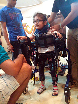 Manmeet Maggu’s nephew Praneit takes Trexo Robotics’s exoskeleton for a test drive