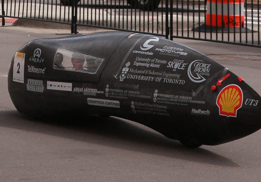 The UT3, #2, Gasoline Prototype, competing for team University of Toronto Supermileage from University of Toronto, Toronto, ON, Canada, is seen on the track during  day two of the Shell Eco-marathon Americas 2015 in Detroit, Mich., Saturday, April 11, 2015. (Rex Larsen/AP Images for Shell)